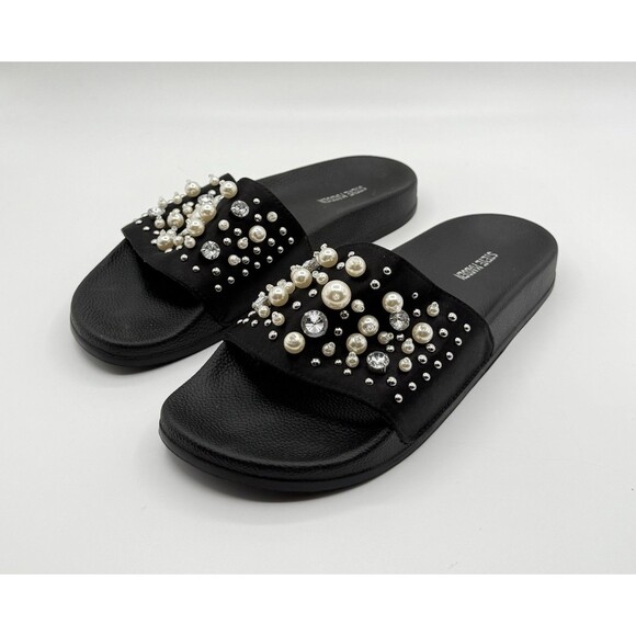 Steve Madden Women Slip-On Pearls Crystals Black satin Sandy Slide Size 9 - Picture 1 of 4